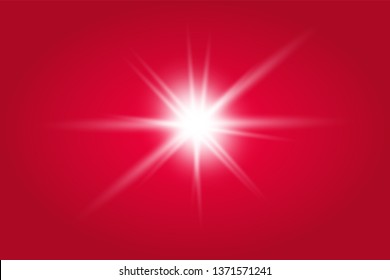 Lights sparkles isolated. Vector illustration of white glowing lens flares and sparks, red background.
