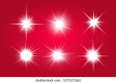 Lights sparkles isolated. Vector illustration of white glowing lens flares and sparks, red background.