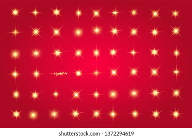Lights sparkles isolated. Vector illustration of yellow glowing lens flares and sparks, red background.