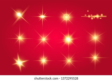Lights sparkles isolated. Vector illustration of yellow glowing lens flares and sparks, red background.