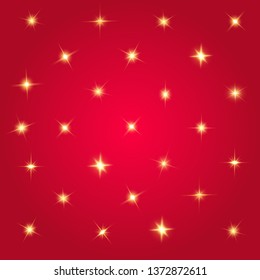 Lights sparkles isolated. Vector illustration of yellow glowing lens flares and sparks, red background.