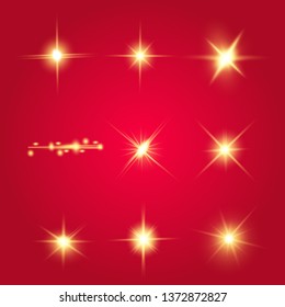 Lights sparkles isolated. Vector illustration of yellow glowing lens flares and sparks, red background.