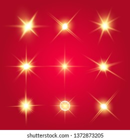 Lights sparkles isolated. Vector illustration of yellow glowing lens flares and sparks, red background.