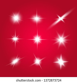 Lights sparkles isolated. Vector illustration of white glowing lens flares and sparks, red background.
