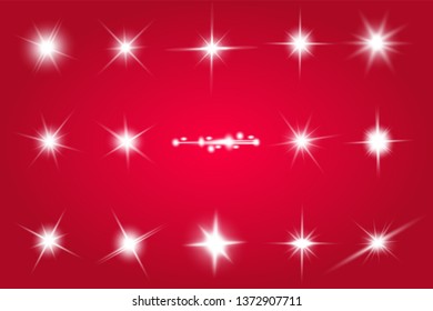 Lights sparkles isolated. Vector illustration of white glowing lens flares and sparks, red background.