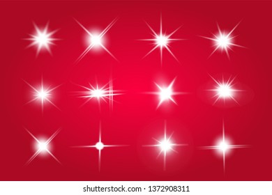 Lights sparkles isolated. Vector illustration of white glowing lens flares and sparks, red background.