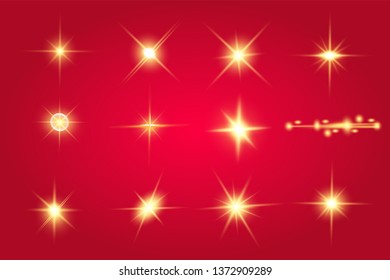 Lights sparkles isolated. Vector illustration of yellow glowing lens flares and sparks, red background.