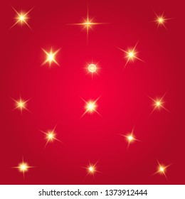 Lights sparkles isolated. Vector illustration of yellow glowing lens flares and sparks, red background.