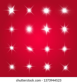 Lights sparkles isolated. Vector illustration of white glowing lens flares and sparks, red background.