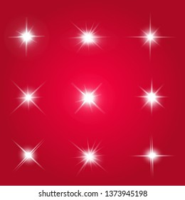 Lights sparkles isolated. Vector illustration of white glowing lens flares and sparks, red background.