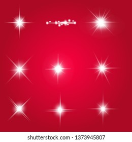 Lights sparkles isolated. Vector illustration of white glowing lens flares and sparks, red background.