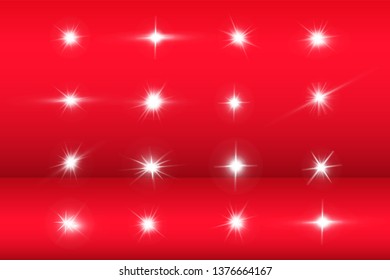 Lights sparkles isolated. Vector illustration of white glowing lens flares and sparks, red background.