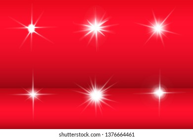Lights sparkles isolated. Vector illustration of white glowing lens flares and sparks, red background.