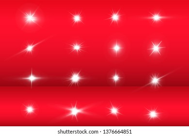 Lights sparkles isolated. Vector illustration of white glowing lens flares and sparks, red background.