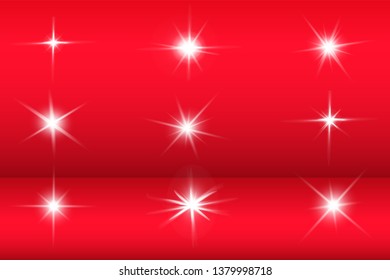 
Lights sparkles isolated. Vector illustration of white glowing lens flares and sparks, red background.