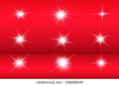 Lights sparkles isolated. Vector illustration of white glowing lens flares and sparks, red background.