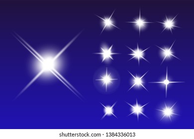Lights sparkles isolated. Vector illustration of white glowing lens flares and sparks, blue background.