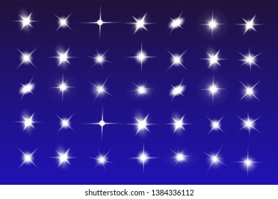 Lights sparkles isolated. Vector illustration of white glowing lens flares and sparks, blue background.