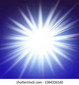 Lights sparkles isolated. Vector illustration of white glowing lens flares and sparks, blue background.