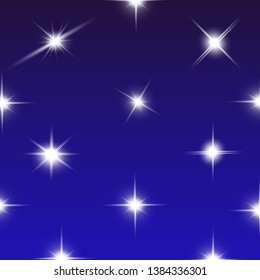 Lights sparkles isolated. Vector illustration of white glowing lens flares and sparks, blue background.