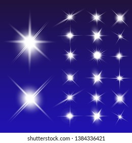 Lights sparkles isolated. Vector illustration of white glowing lens flares and sparks, blue background.