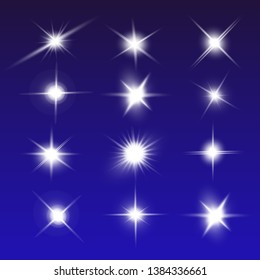 Lights sparkles isolated. Vector illustration of white glowing lens flares and sparks, blue background.