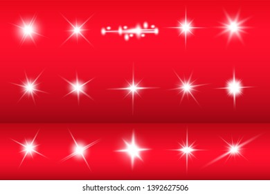Lights sparkles isolated. Vector illustration of white glowing lens flares and sparks, blue background.