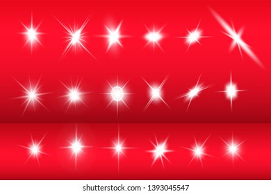 Lights sparkles isolated. Vector illustration of white glowing lens flares and sparks, red background.