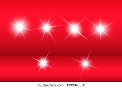 Lights sparkles isolated. Vector illustration of white glowing lens flares and sparks, red background.