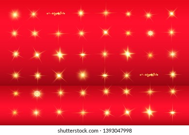  Lights sparkles isolated. Vector illustration of yellow glowing lens flares and sparks, red background.