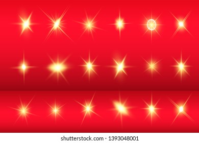  Lights sparkles isolated. Vector illustration of yellow glowing lens flares and sparks, red background.