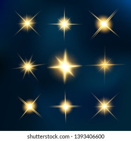 Lights sparkles isolated. Vector illustration of yellow glowing lens flares and sparks, blue background.