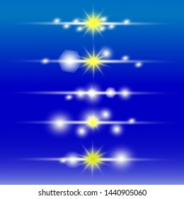 Lights sparkles isolated. Vector illustration of white glowing lens flares and sparks, blue background.