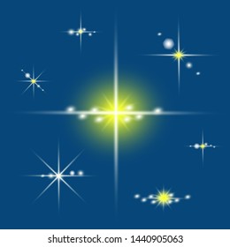 Lights sparkles isolated. Vector illustration of white glowing lens flares and sparks, blue background.