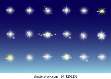 Lights sparkles isolated. Vector illustration of white glowing lens flares and sparks, blue background.