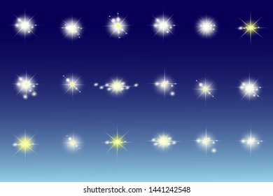 Lights sparkles isolated. Vector illustration of white glowing lens flares and sparks, blue background.