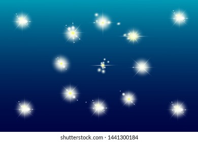 Lights sparkles isolated. Vector illustration of white glowing lens flares and sparks, blue background.