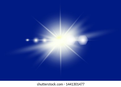 Lights sparkles isolated. Vector illustration of white glowing lens flares and sparks, blue background.