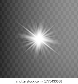 Lights sparkles isolated. Vector illustration of white glowing lens flares and sparks, blue background.
