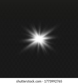 Lights sparkles isolated. Vector illustration of white glowing lens flares and sparks, blue background.