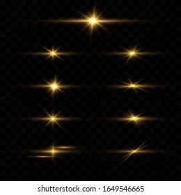 Lights and Sparkles on a transparent background.Set of flashes. Bright gold flashes and glares. Abstract golden lights isolated. Bright rays of light. Glowing lines. Vector illustration eps 10.