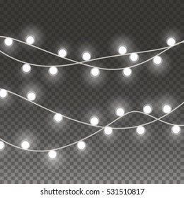 Lights String Bulbs Isolated On Transparent Background. Glowing White Christmas Garlands String Lamps For Xmas Holiday Greeting Card Design.  New Year Party Lights Decorations. Vector Illustration.