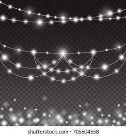 Lights String Bulbs Isolated On Transparent Background. Glowing White Christmas Garlands String Lamps For Xmas Holiday Greeting Card Design. New Year Party Lights Decorations. Vector Illustration.