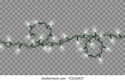 Lights string bulbs isolated on transparent background. Glowing white Christmas garlands string lamps for Xmas Holiday greeting card design. New Year party lights decorations. Vector illustration.