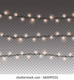 Lights string elements isolated on transparent background. Glowing yellow Christmas garlands string effect set for Xmas Holiday greeting card design. Realistic New Year party lights bulbs
