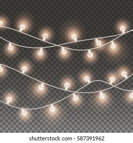 Lights string elements isolated on transparent background. Glowing white Christmas garlands string bulbs effect for Xmas Holiday greeting card design.  New Year party lights