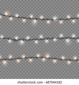 Lights string elements isolated on transparent background. Glowing white Christmas garlands string bulbs effect for Xmas Holiday greeting card design.  New Year party lights