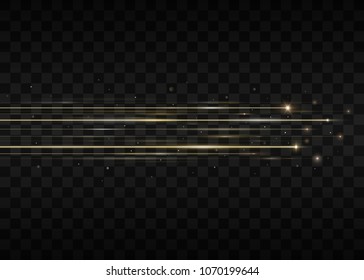 Lights and stripes moving fast. Speed of light. Isolated on black transparent background. Vector illustration, eps 10.
