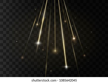 Lights and stripes moving fast. Speed of light. Isolated on black transparent background. Vector illustration, eps 10.