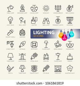 Lights web icon set - minimal thin line web icon set. Outline icons collection. Simple vector illustration